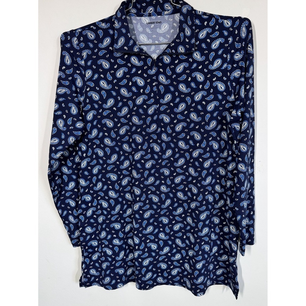 Lands End 1/4 Zip Blue Paisley Long Sleeve Rash Guard Beach Cover Up Dress Sz L